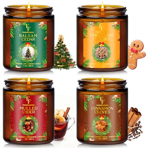 Christmas Candles Set, Scented Candles for Home, 4 Pack Holiday Natural Soy Candles, Christmas Gifts for Women Men, Festival Fragrance of Balsam Cedar/Cookies/Mulled Cider/Cinnamon
