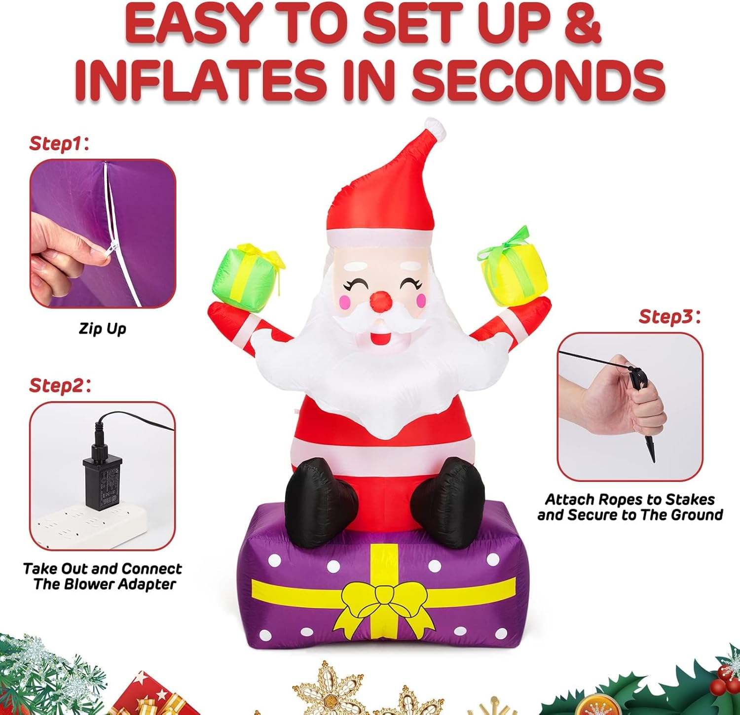 Christmas Inflatables - 6Ft Christmas Outdoor Decorations-Inflatable Santa Claus with Gift Boxes,Blow Up Yard Decor-Built-in LED Lights with Tethers-Stakes for The Yard, Lawn, Garden