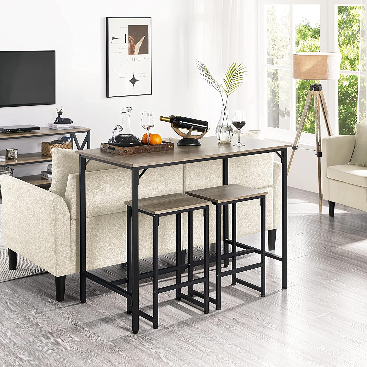 3 Piece Bar Table Set, 47.5” Industrial Counter Height Dining Table with Bar Stools Set of 2, Kitchen Breakfast Table and Chairs for Dining Room, Living Room, Apartment