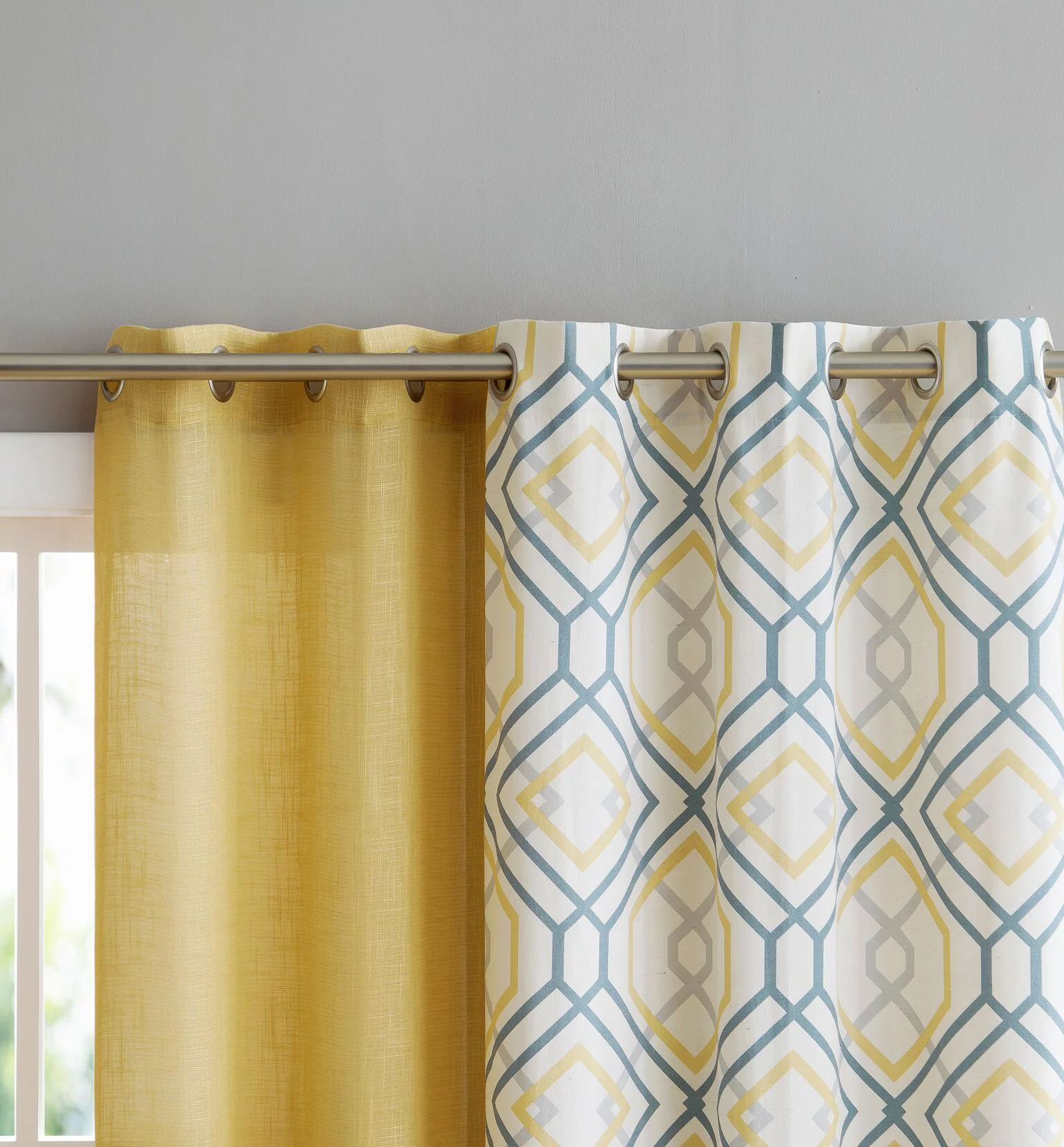 VCNY Home Complete 4 Pc. Geometric Grommet Top Curtain Set - Yellow/Gray 84 in. Long