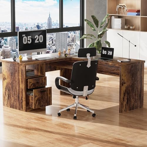 Unikito L Shaped Desk with Lift Top and Drawer, Large Office Desk with Power Outlets and USB Charging Ports, Sturdy Corner Computer Desk Writing Table with Storage, L Shape Standing Desk, Black
