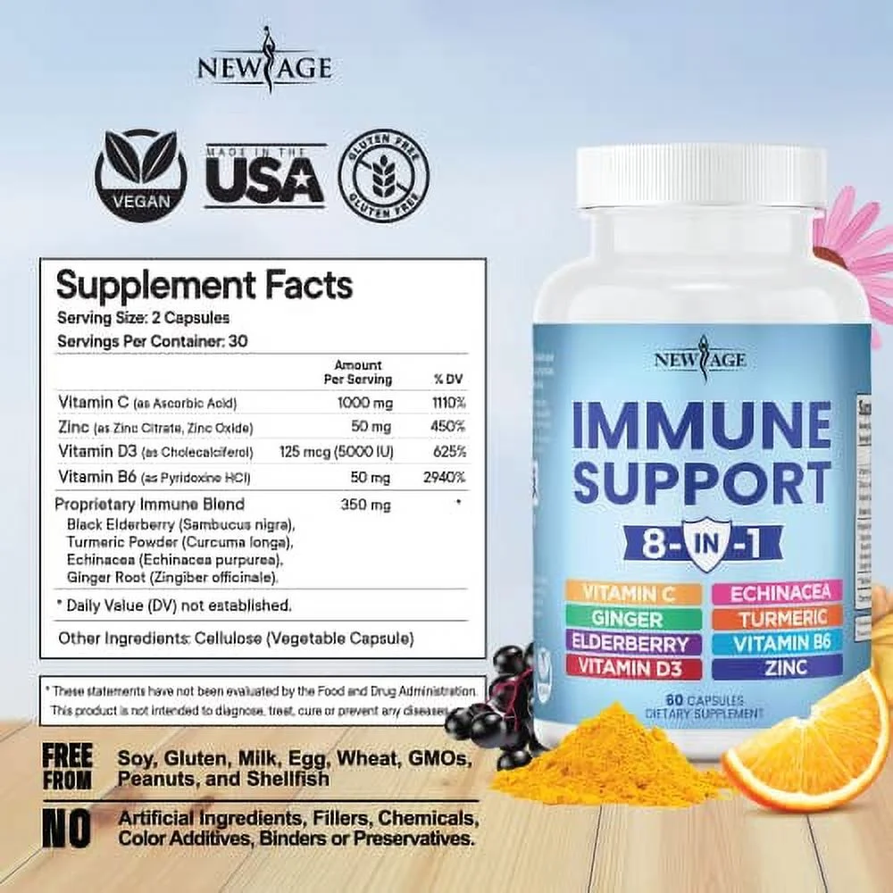 8 In 1 Immune Support Booster Supplement With Elderberry, Vitamin C And Zinc 50Mg, Vitamin D 5000 Iu, Turmeric Curcumin & Ginger, B6, Echinacea - 120 Count - 2 Pack