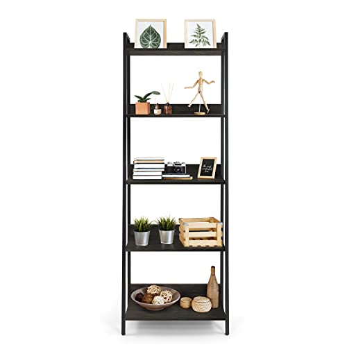 Fencer Wire 5 Tier Ladder Bookshelf, 24 Inch Width Free Standing Shelf, Bookcase Shelf Storage Rack Organizer, Industrial Book Shelves for Home Office, Living Room, Kitchen, Black Wooden Shelves
