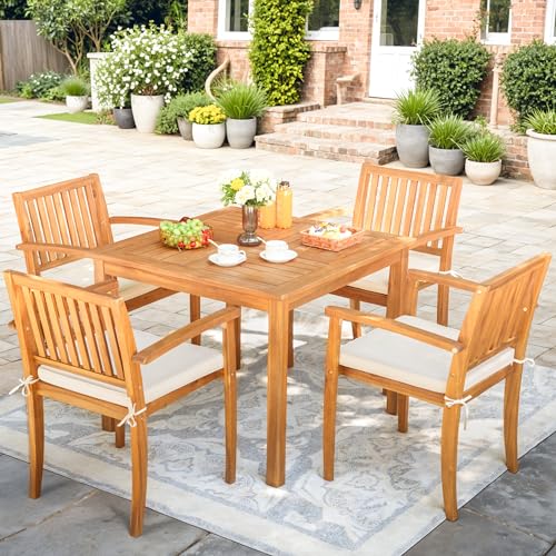 Greesum 5 Piece Patio Dining Set Outdoor Solid Wood Furniture for Yard, Garden, Porch w/Square Tabletop & 4 Chairs, White