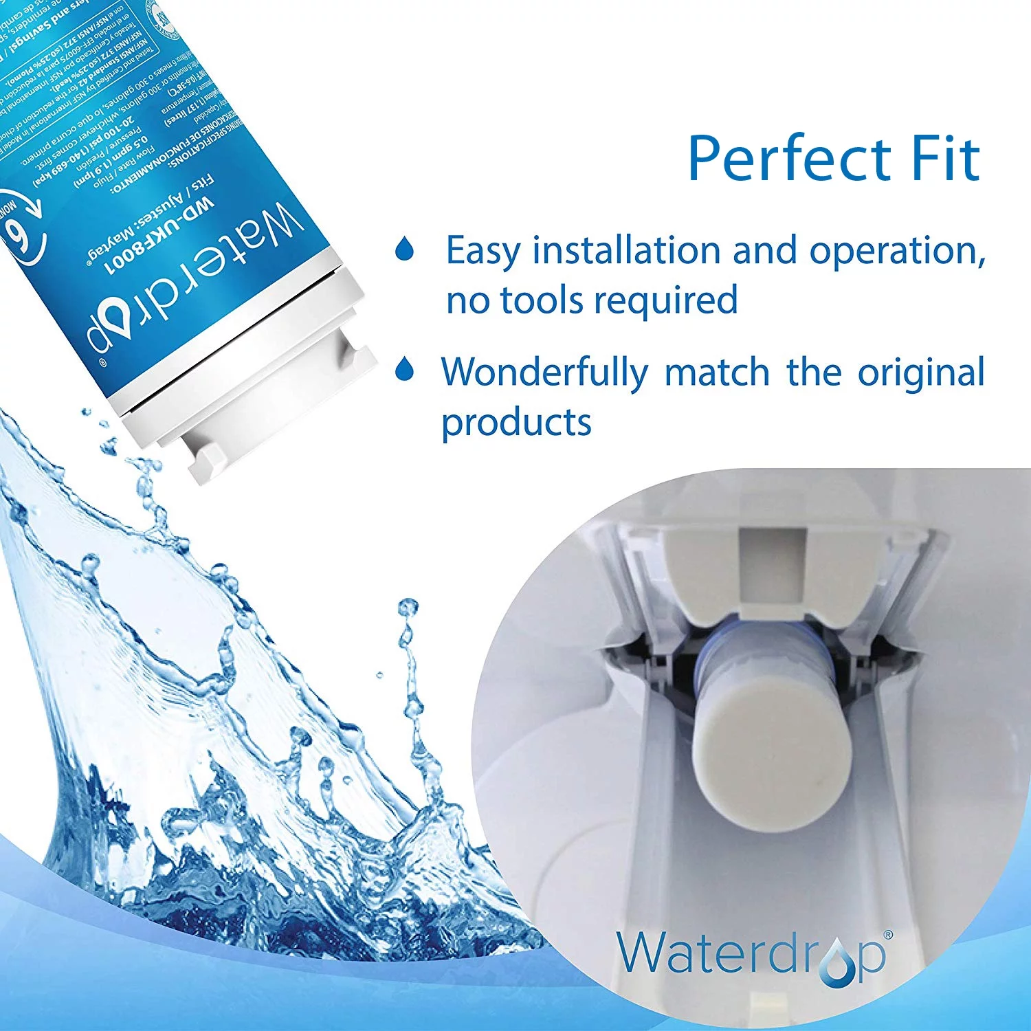 Waterdrop UKF8001 Refrigerator Water Filter, Compatible with Maytag UKF8001AXX-750, UKF8001AXX-200, Whirlpool 4396395, 469006, Filter 4, PUR, Puriclean II, EDR4RXD1, Pack of 3