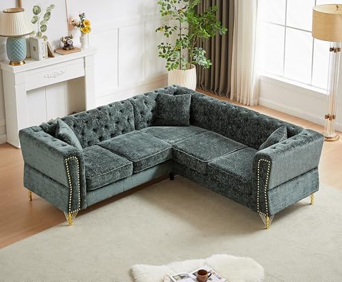 81.5”Chesterfield Sectional Sofa, Chenille Corner Sofa, L-Shaped Sectional Couch, 5-Seater Corner Sofas with 3 Cushions for Living Room, Bedroom, Apartment, Office (Gray)