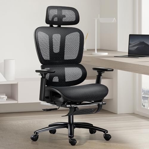 Ergonomic Office Chair with Footrest Mesh Swivel Chair High Back Mesh Executive Chair with Lumbar Support 3D Armrest & Adjustable Headrest Computer Desk Chair for Conference Reception