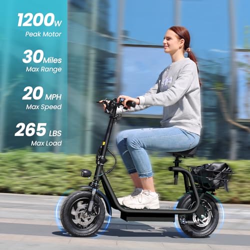 Caroma Electric Scooter with Seat,1200W Peak Motor,LED Display & 3 Speed Modes,30 Miles Max Range,Height Adjustable Seat & Foldable Electric Scooter with Basket,Front Suspension & Storage Hook