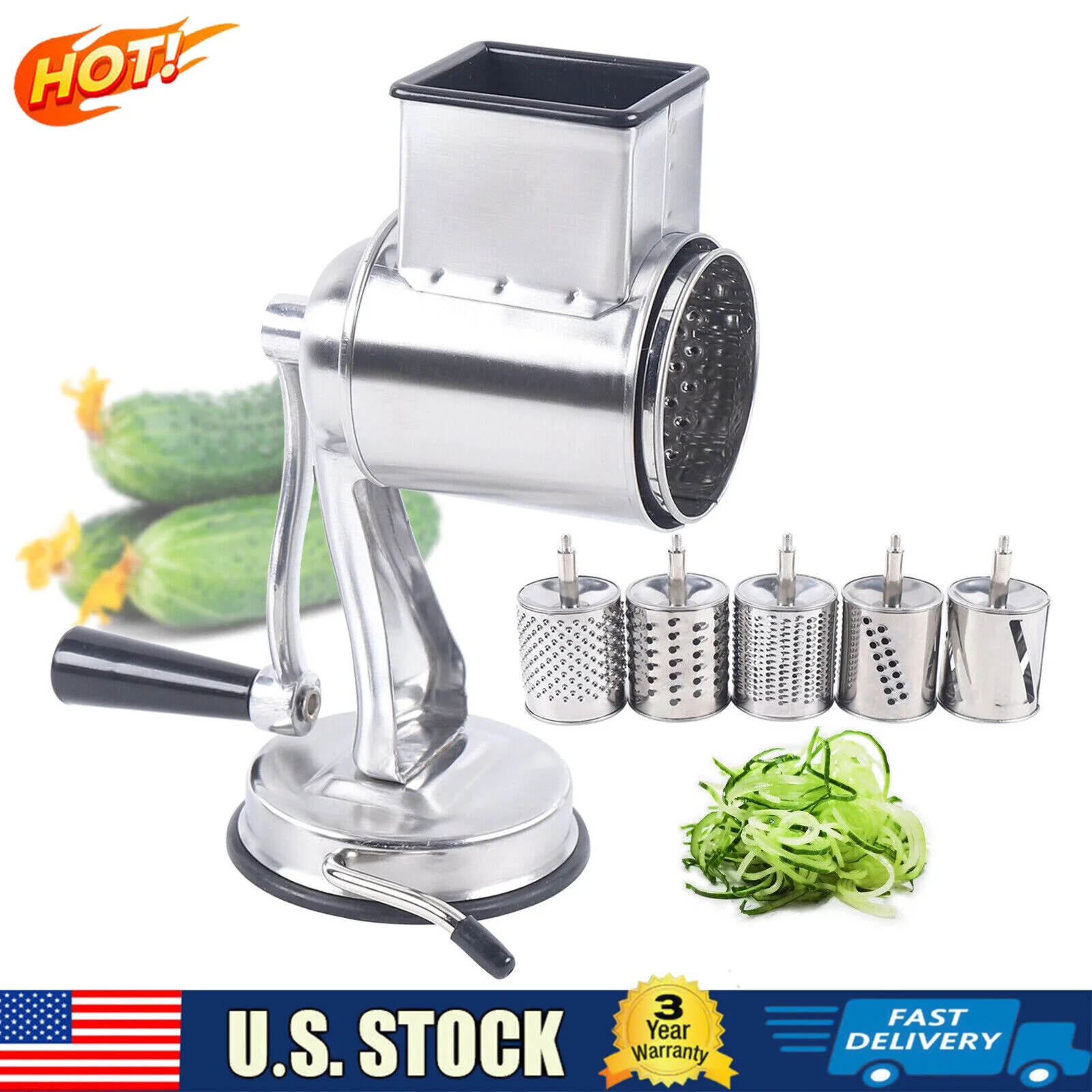 Stainless Steel Food Grater Rotary Drum Slicer Shredder Grinder with 5 Blades