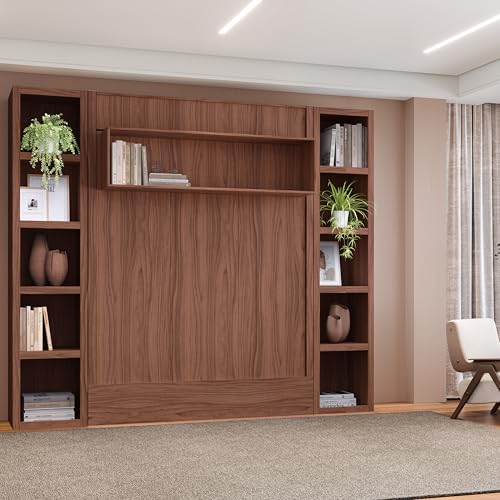 Oakland Living Easy-Lift Queen Murphy Wall Bed in Brown Wood Grain with Two Bookshelves