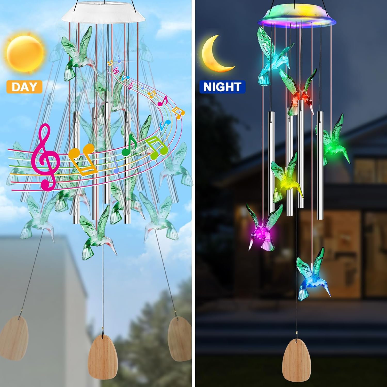 Solar Wind Chime with 4 Aluminum Tubes Hummingbird Solar Wind Chimes Outdoor Waterproof Wind Chimes for Home Garden Decor 7-Color Changing