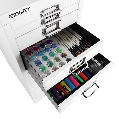 Bisley 10-Drawer Steel MultiDrawer Cabinet - Black, Chrome Pull Handles with Label Holders, Powder-Coated Steel, Removable Drawers, Fits Under Most Desks, Labels Included