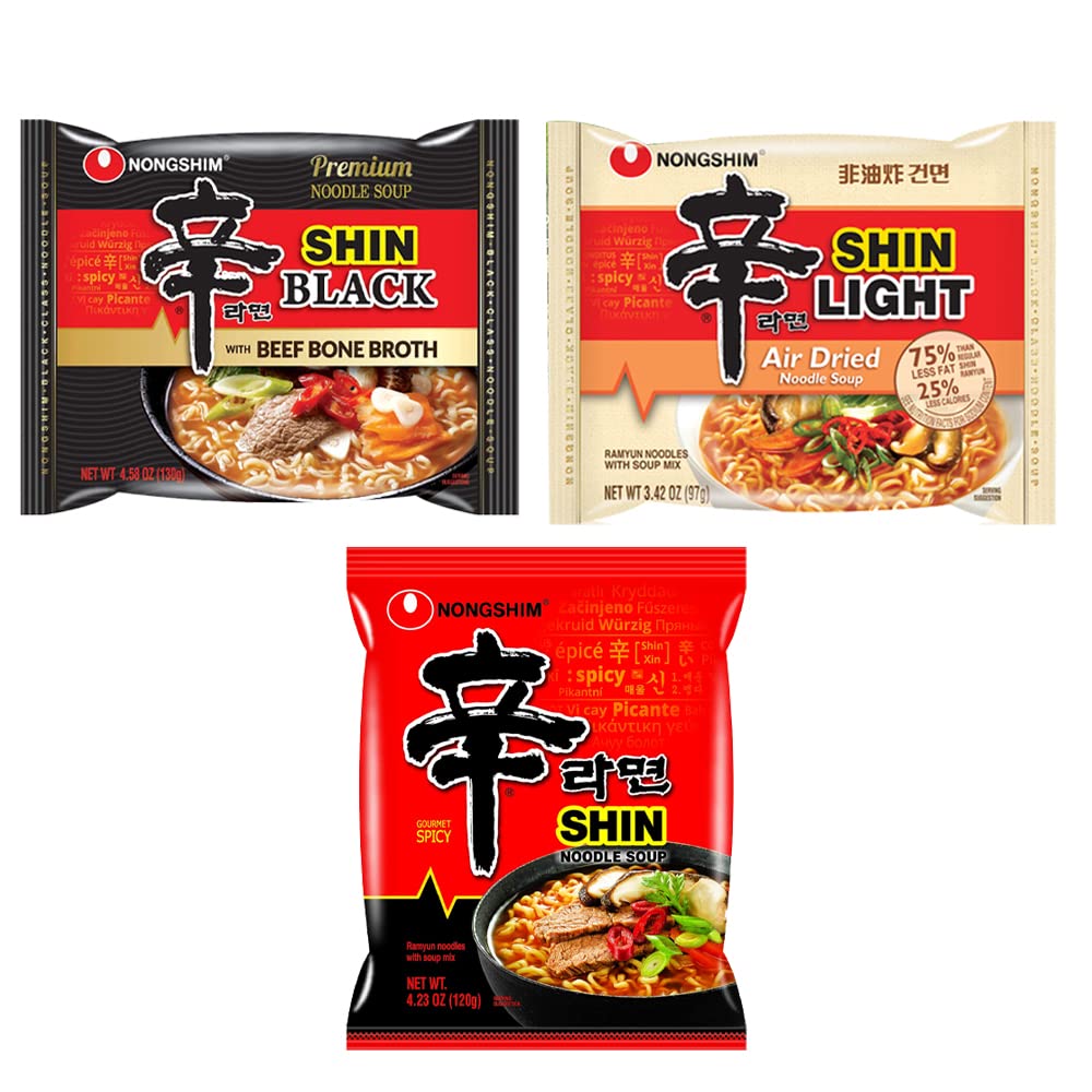 Nongshim Ramen Various Flavors, Shin Noodle Soup Gourmet Spicy, Shin Black Premium Noodle Soup, Shin Light Air Dried Noodle Soup Combo Ramen Pack 3 Packs