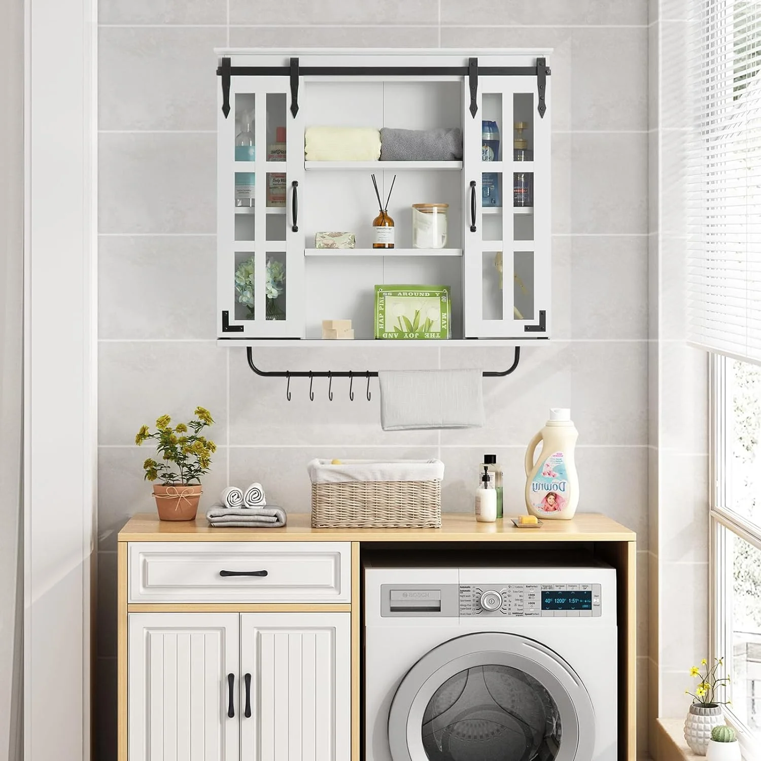 WAGEE Farmhouse Bathroom Cabinet Wall Mounted, Rustic Wood Wall Cabinet with Two Sliding Glass Doors and Adjustable Shelf, 3-Tier Vintage Wooden Storage Cabinet for Bathroom(White)