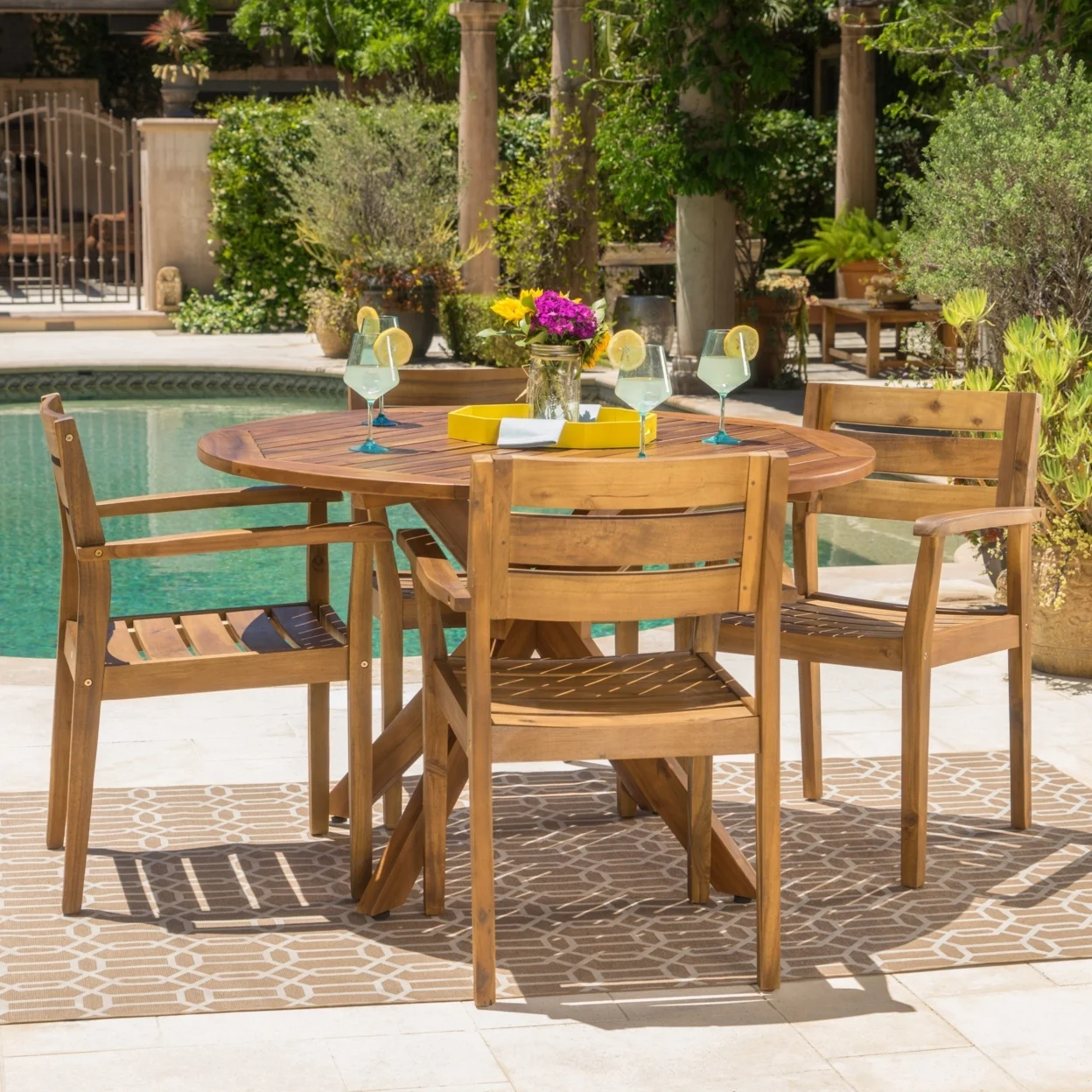 GDF Studio Brigitte Outdoor Acacia Wood 5 Piece Dining Set, Teak