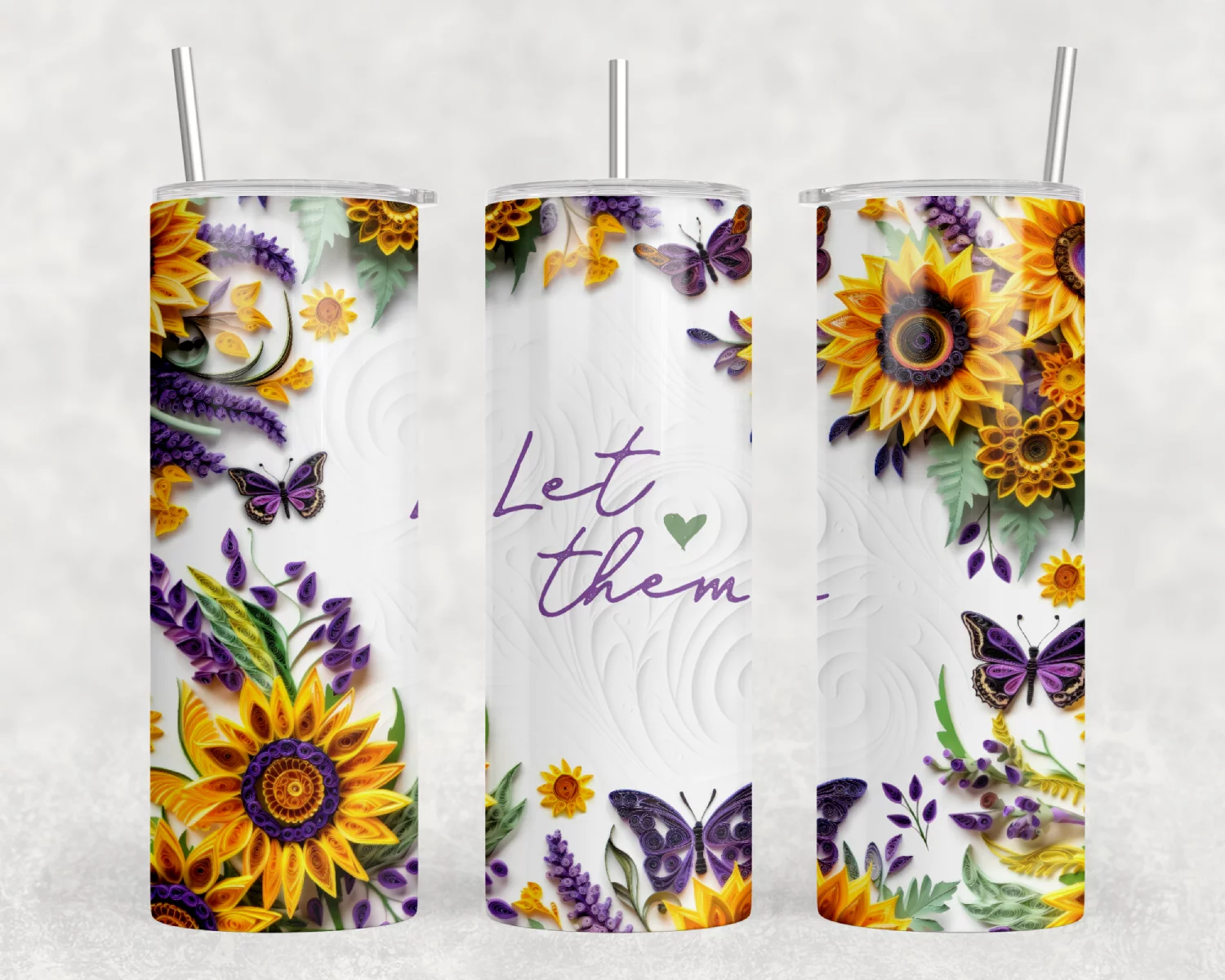 Let Them Butterflies and Sunflowers 20 Oz Skinny Metal Tumbler w/Lid and Straw