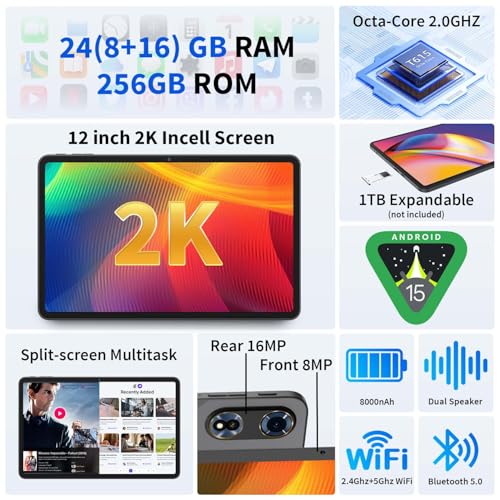 12 Inch Tablet Android 15 Tablets, 2025 Upgraded Android Tablet with Keyboard, 24GB RAM+256GB ROM(1TB Expand), Octa-Core, 2K 2000x1200 Display, 16MP Dual Camera, 8000mAh, 2.4G/5G WiFi, GPS (Black)