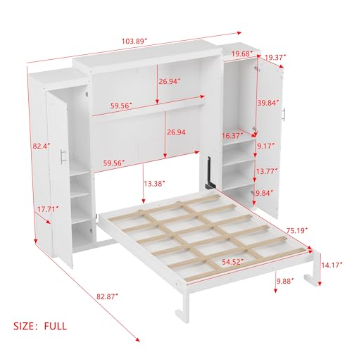 SOFTSEA Queen Murphy Bed with 2 Wardrobes and Storage Shelf, Foldable Hidden Wall Bed Queen Platform Bed Space-Saving for Guest Room Office Studio, White