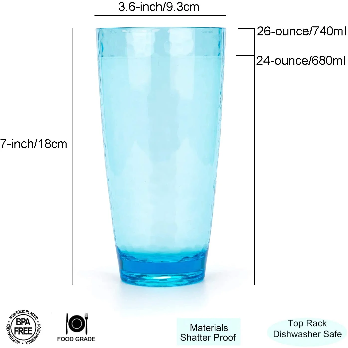 26-Ounce Large Acrylic Glasses Plastic Tumbler/Drinking Cups,Set of 6 Multi-Hammered Style,BPA Free