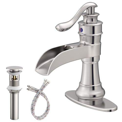 Vessel Sink Faucet, Oil Rubbed Bronze Black Bathroom Faucet, Farmhouse Waterfall Sink Faucet Single Hole with Pop Up Drain Assembly Without Overflow One Hole Mixer Tap Deck Mount