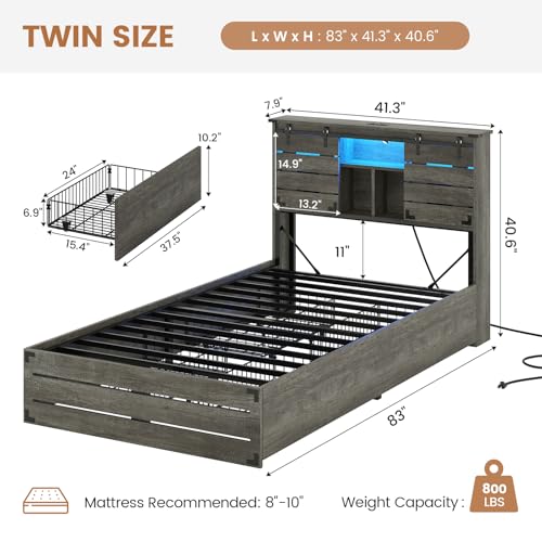 VIAGDO Wooden Bed Frame Queen Size with Bookcase Headboard and Sliding Barn Door, Farmhouse Queen Bed Frame with Charging Station, LED Lights and 4 Storage Drawers, No Box Spring Needed, Grey