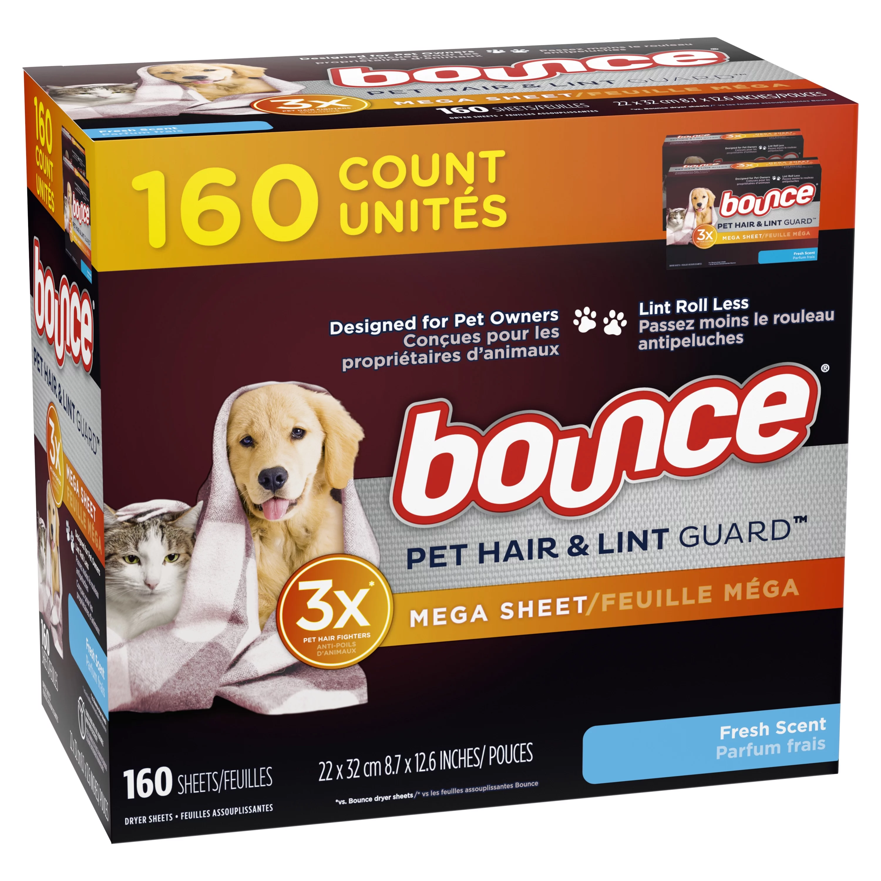 Bounce Pet Hair and Lint Guard Mega Dryer Sheets, Fresh Scent, 160 Ct