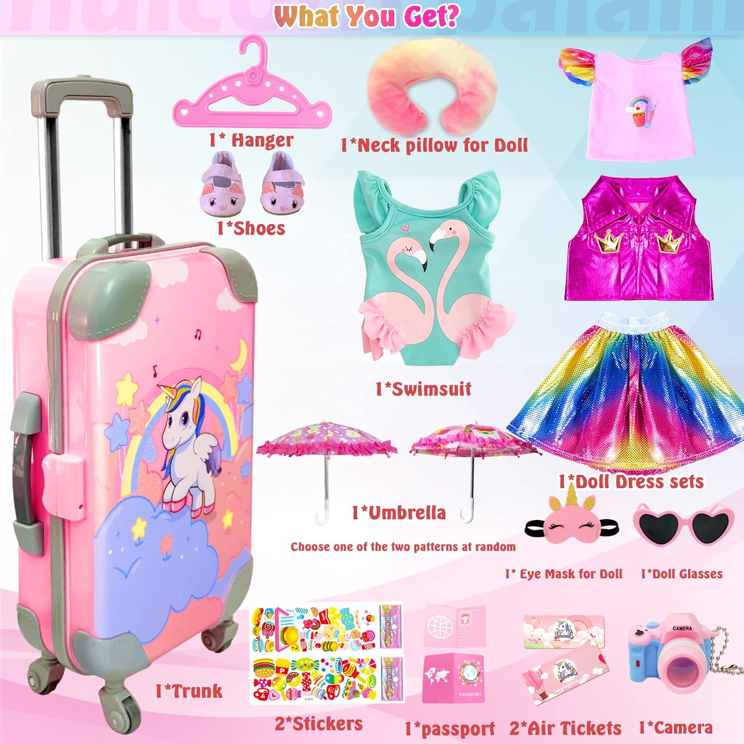 18-inch-Doll-Clothes and Accessories - Doll-Travel-Suitcase Play Set Including Luggage, 2 Sets of Doll-Clothes and Shoes, Umbrella Sunglasses Camera Travel Pillow Blindfold Passport Tickets