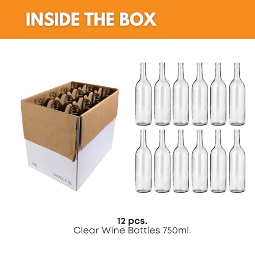 FastRack - W5 Wine Bottles, 12 Bordeaux Wine Bottles, 12 Clear Wine Bottles, 750 ml Empty Bottles
