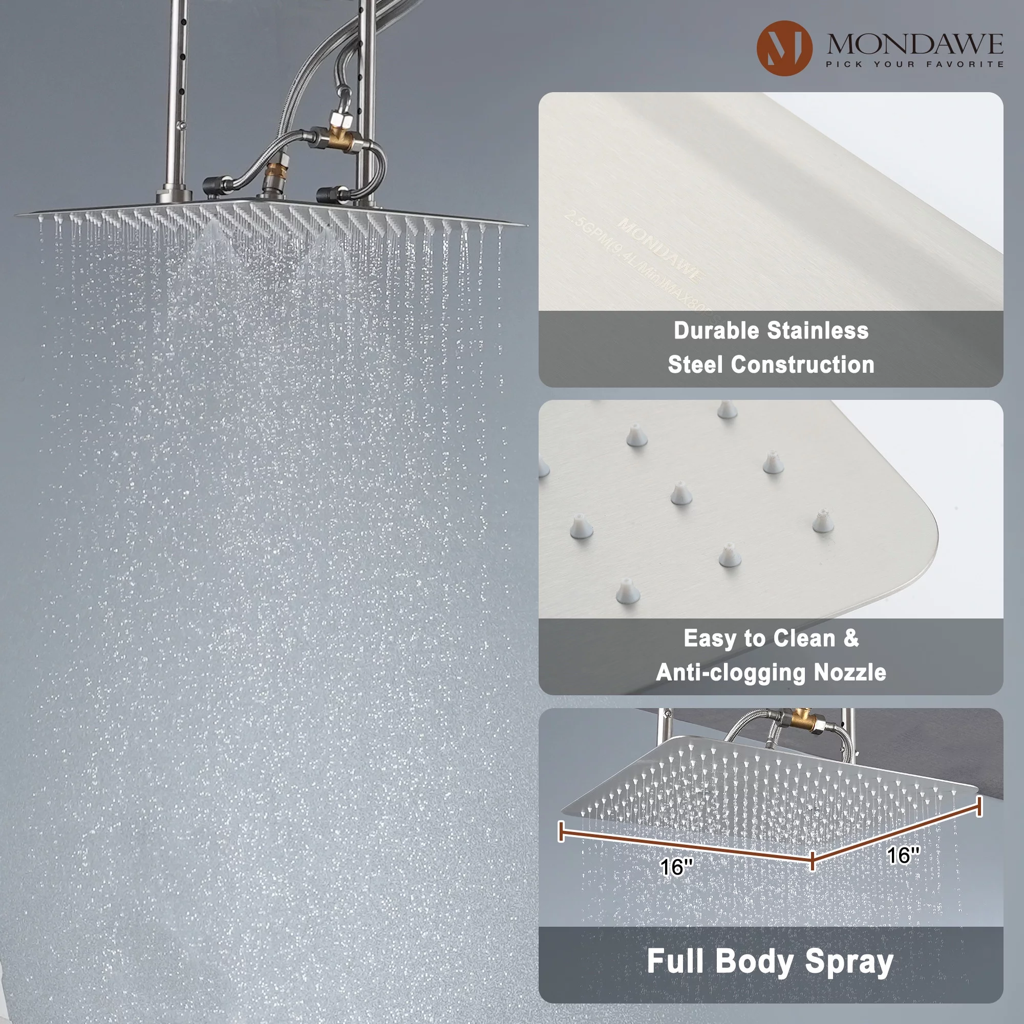 16 Inch Large Rain Shower System with 6 Body Spray, 4 Function Thermostatic Rain Showerhead Faucet with Handheld Combo Set