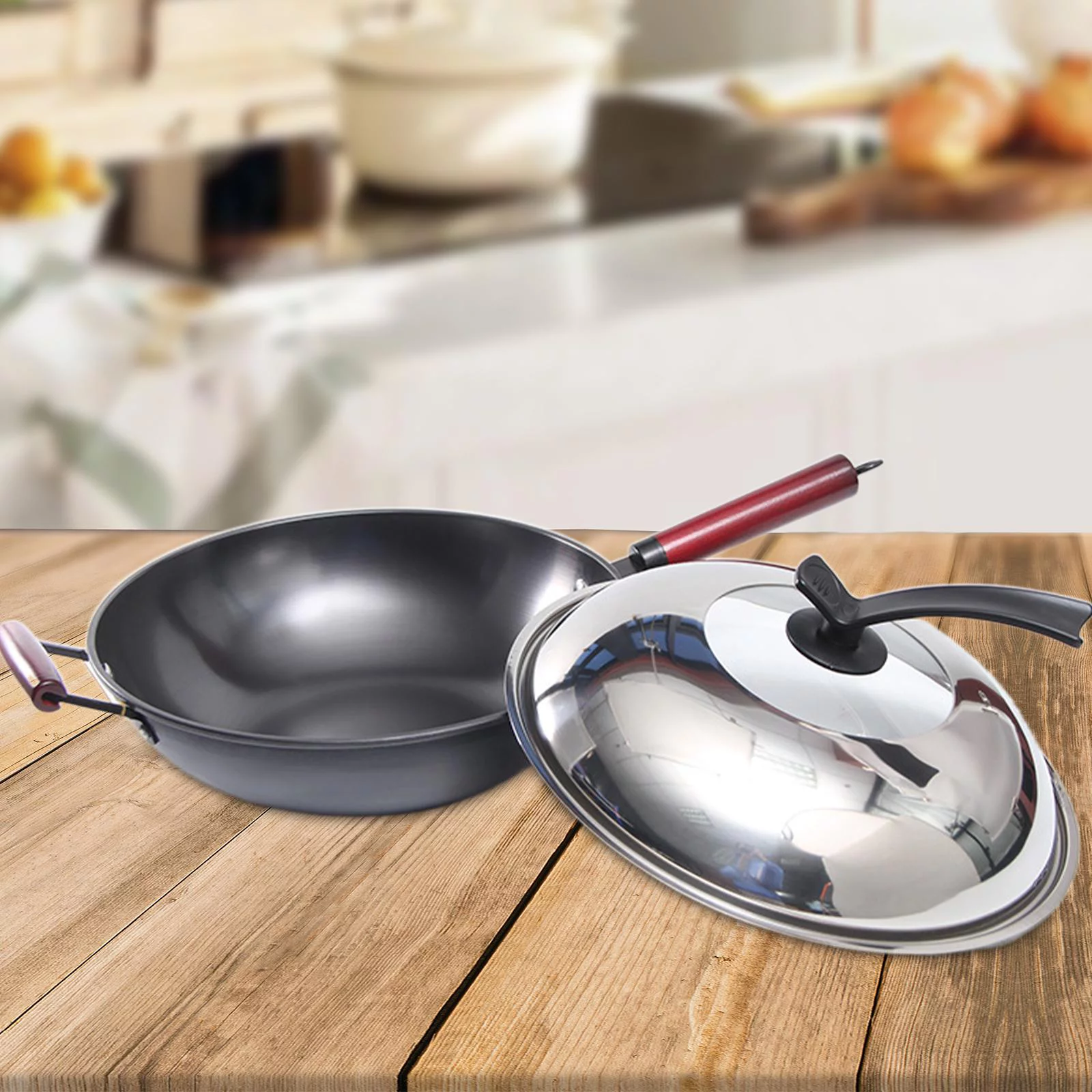 Kitchen -coated Wok with Lid Skillet Frying Pan with Cover IH Compatible Gas , as the picture, 30cm