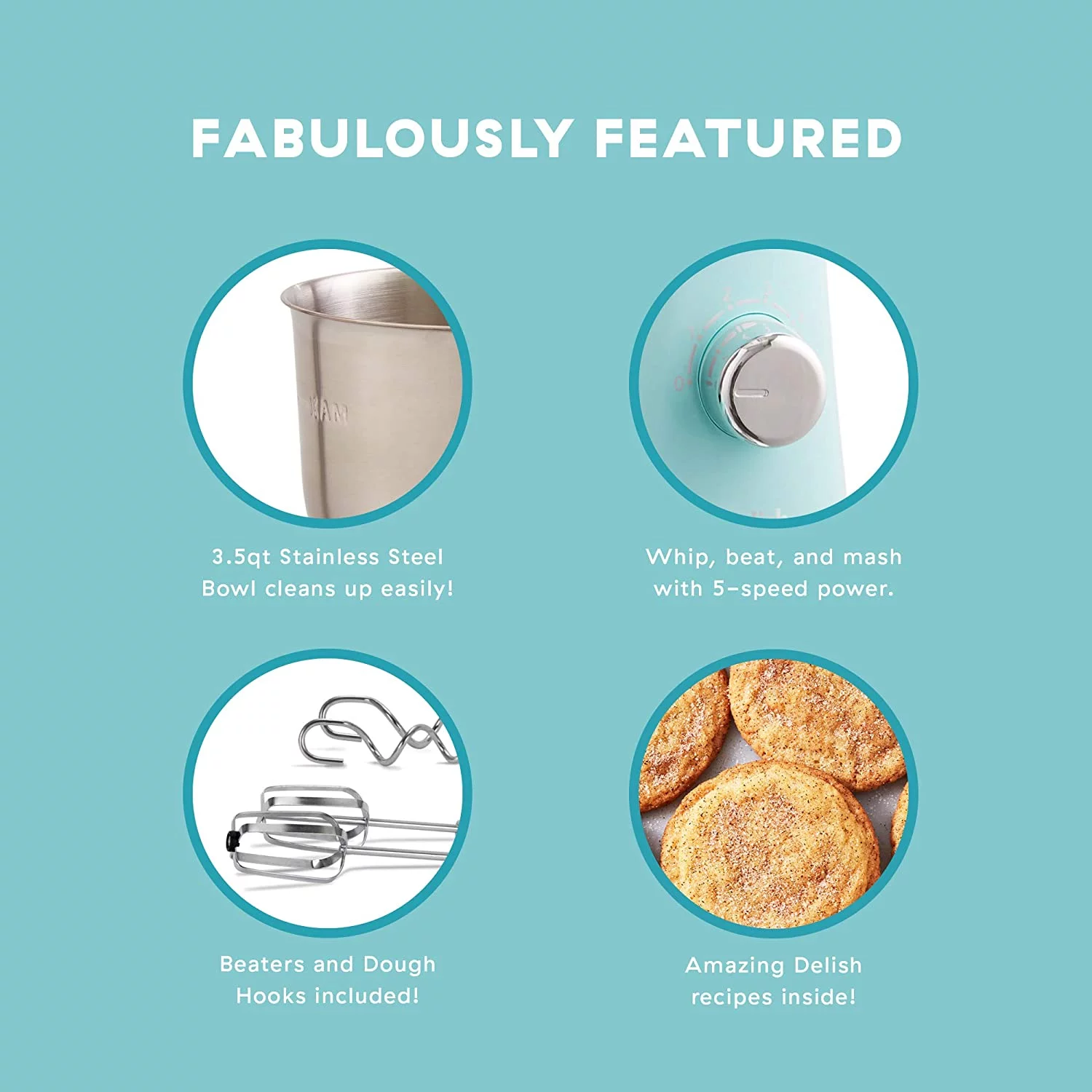 Delish by Dash Compact Stand Mixer 3.5 Quart with Beaters & Dough Hooks Included - Aqua, Blue (DCSM350GBBU02)