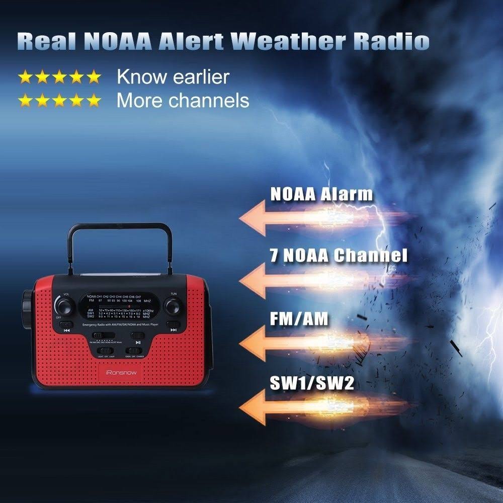 Real NOAA Alert Weather Radio with Alarm, iRonsnow IS-388 Solar Hand Crank Emergency AM/FM/SW/WB Radio, TF Card Speaker, LED Fla