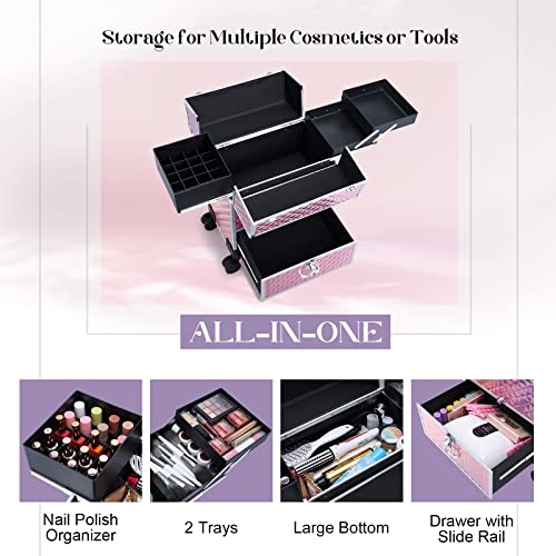 Adazzo Professional Rolling Makeup Case for Makeup Artists Multi-functional Cosmetic Train Case Large Storage Case for Nail Technicians Cosmetology Case with Compartments for Hairstylist