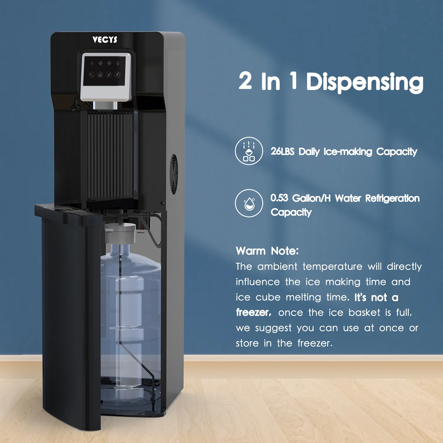 VECYS Water Dispenser with Ice Maker, 26LBS Daily Ice Making and Cold Water Supply, Bottom Loading Cooler Compatible with 3 or 5 Gallon Bottles, Ideal for Home and Office (No Hot Water)