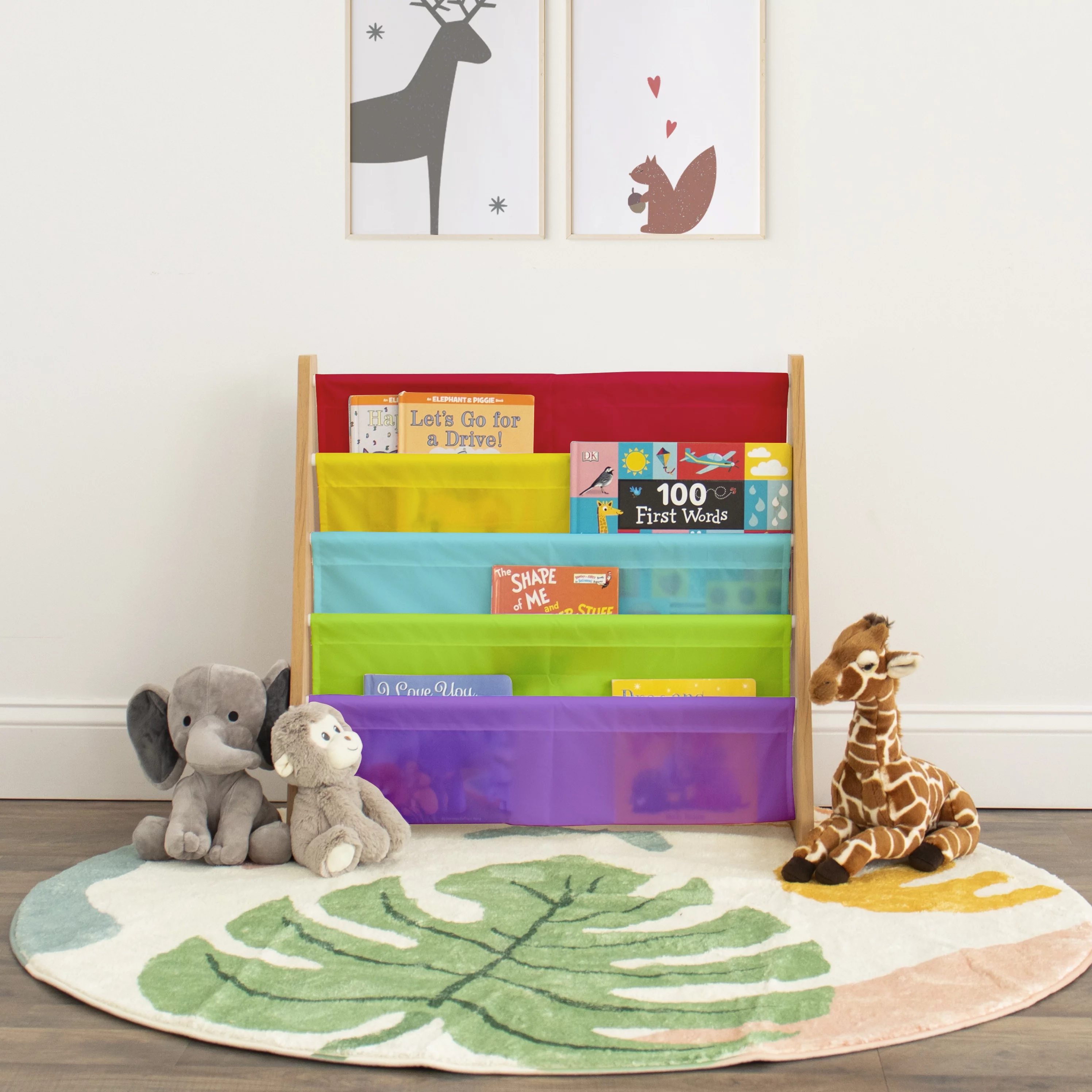 Humble Crew Kids Book Rack Storage Bookshelf, 4 Tiers, Rainbow/Natural Wood