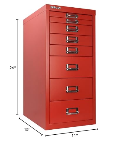 Bisley 10-Drawer Steel MultiDrawer Cabinet - Black, Chrome Pull Handles with Label Holders, Powder-Coated Steel, Removable Drawers, Fits Under Most Desks, Labels Included