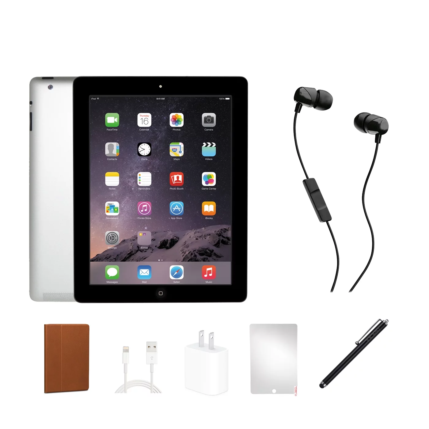 Restored Apple iPad 4 (2012) Bundle, 32GB, Black, Wi-Fi, In-Ear Headphones, Case, Tempered Glass, Stylus, Charging Accessories. (Refurbished)