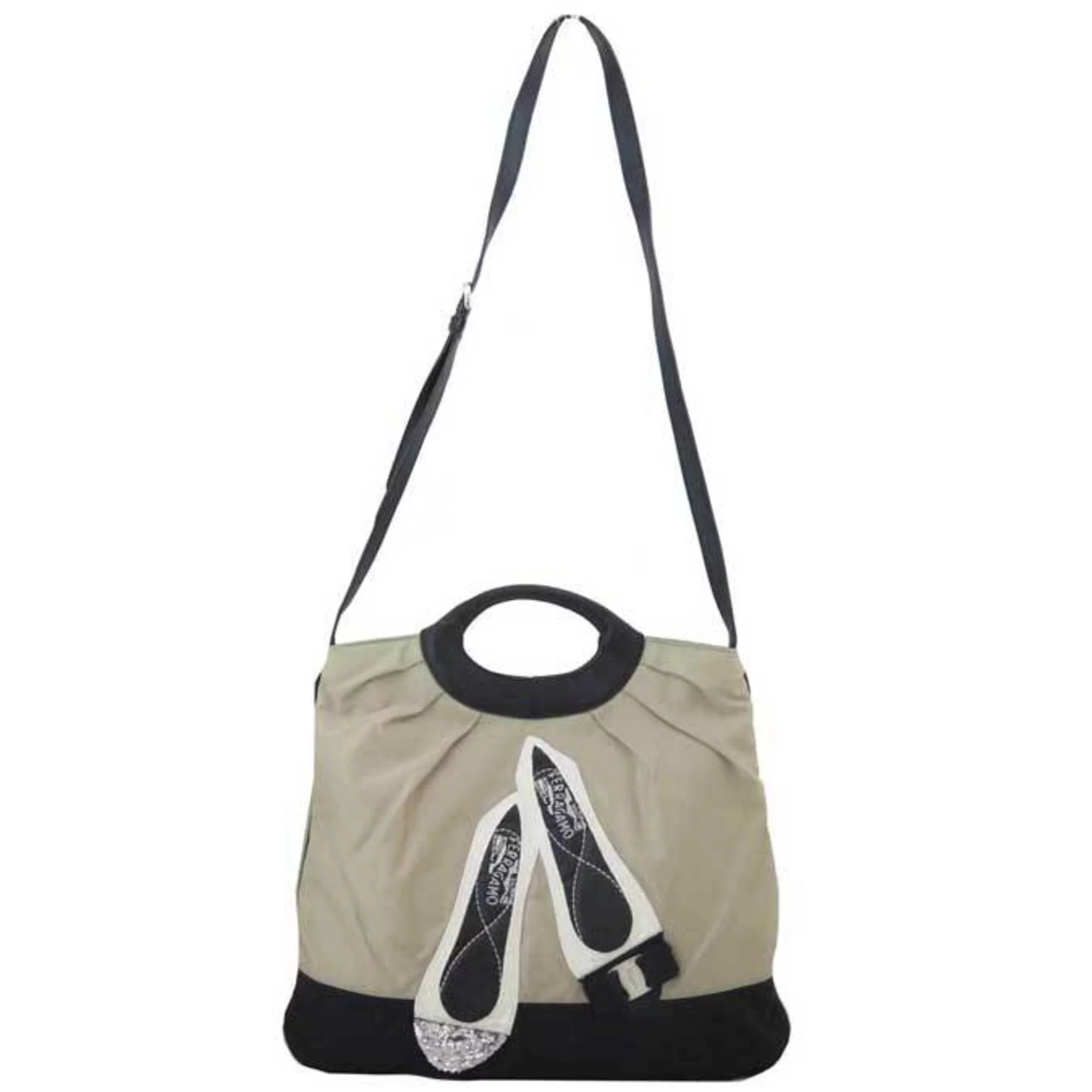 Pre-Owned Salvatore Ferragamo handbag shoulder bag vala ribbon nylon/leather greige x black white ladies (Good)