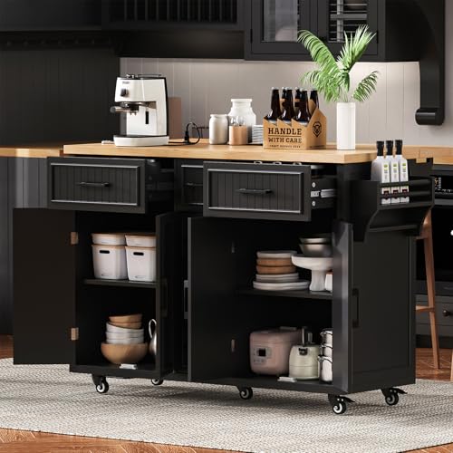NIOIIKIT 56.5'' Kitchen Island with Drop Leaf, Rolling Trolley Island with Power Outlet (White)