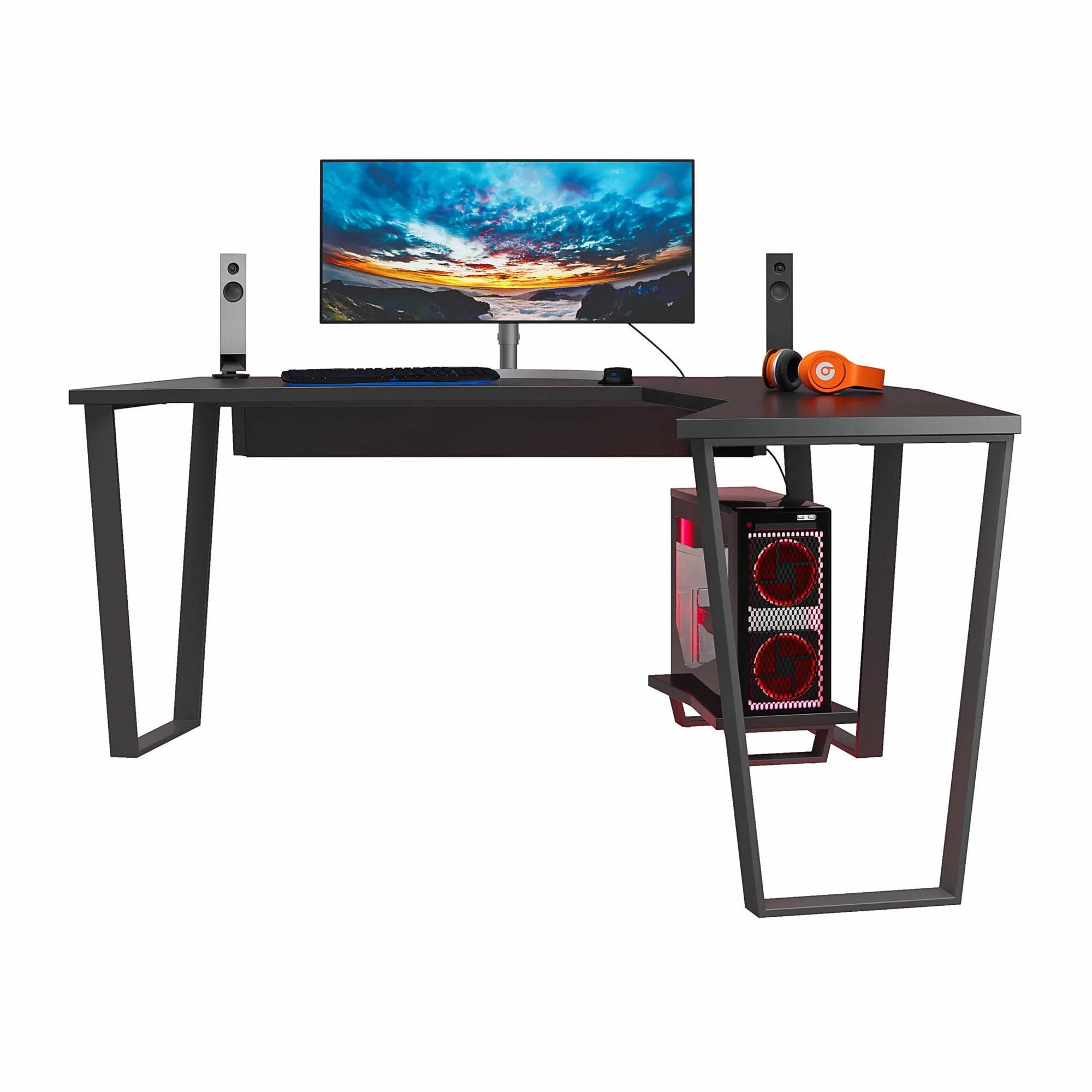 NTense Maxed Gaming L Desk with CPU Stand, Black