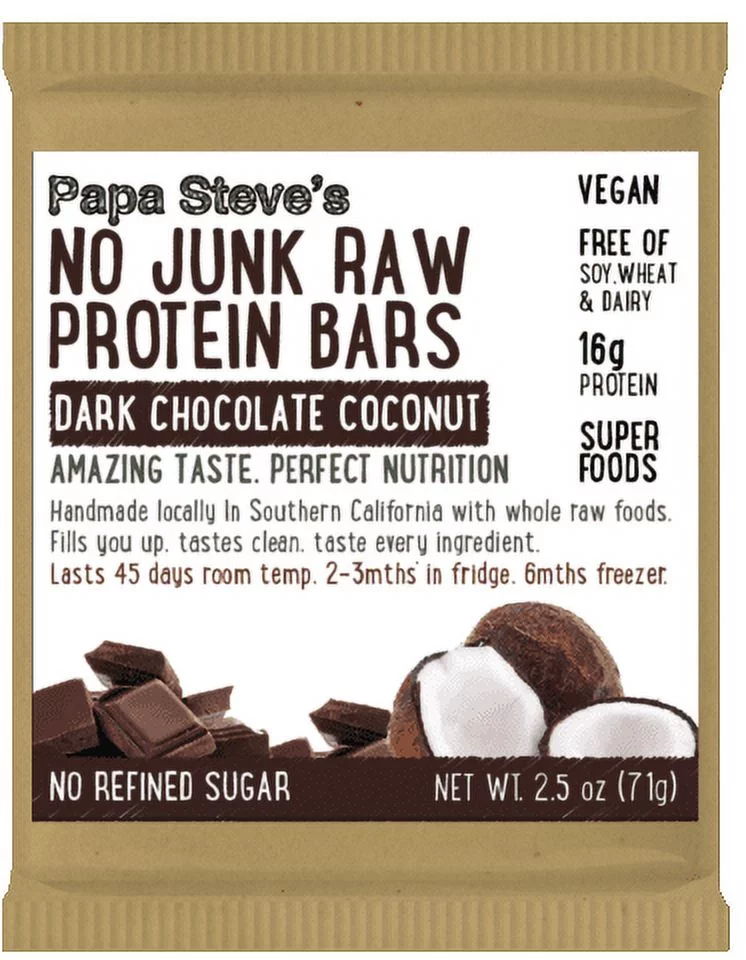 Papa Steve's No Junk Raw Protein Bar, Dark Chocolate Coconut, 16g Protein, 10 Ct
