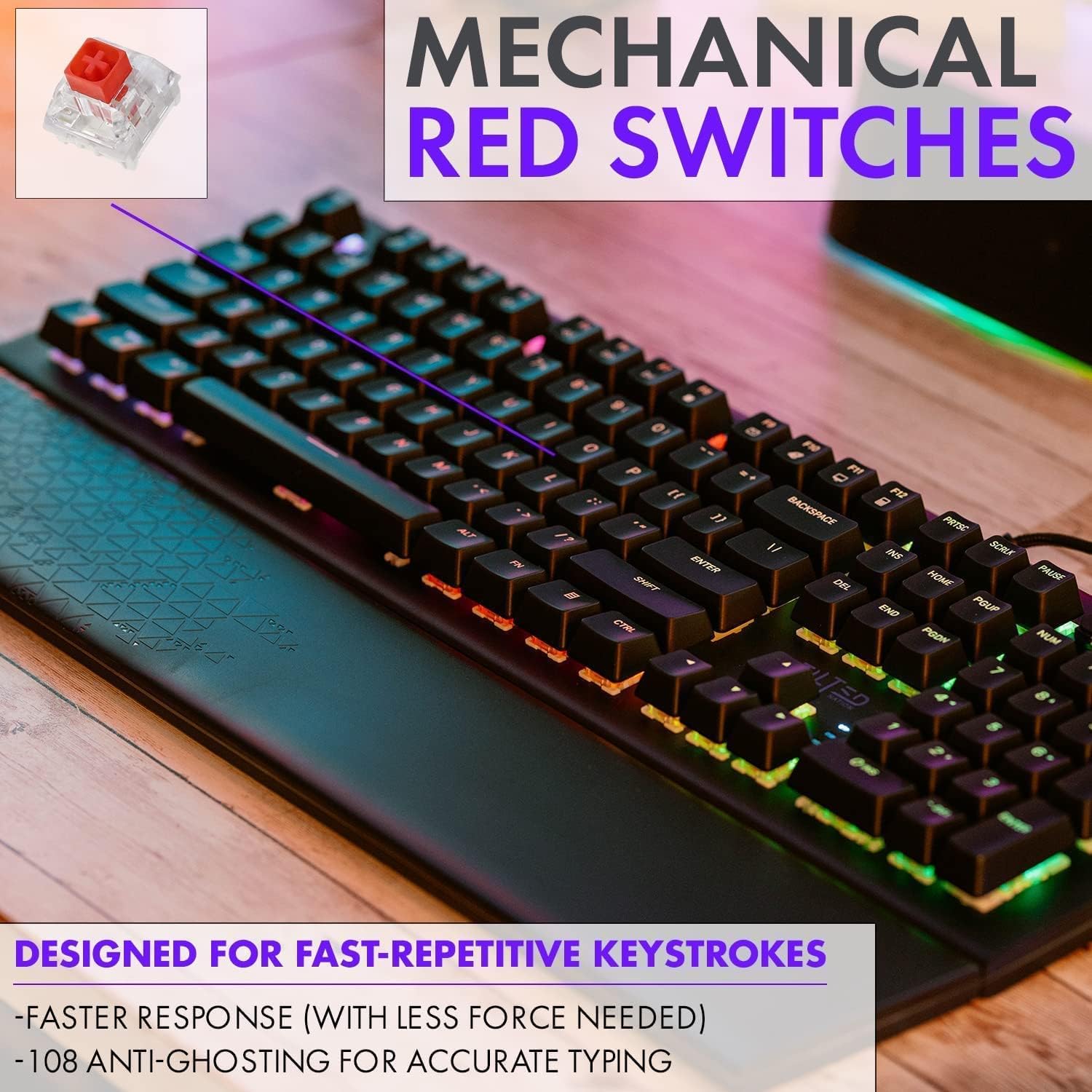 Mechanical Gaming Keyboard LED, Tilted Nation RGB Mechanical Keyboard with Volume Control Knob and Removable Wrist Rest - Programmable Light Up Keyboard with Quick Response Red Switches