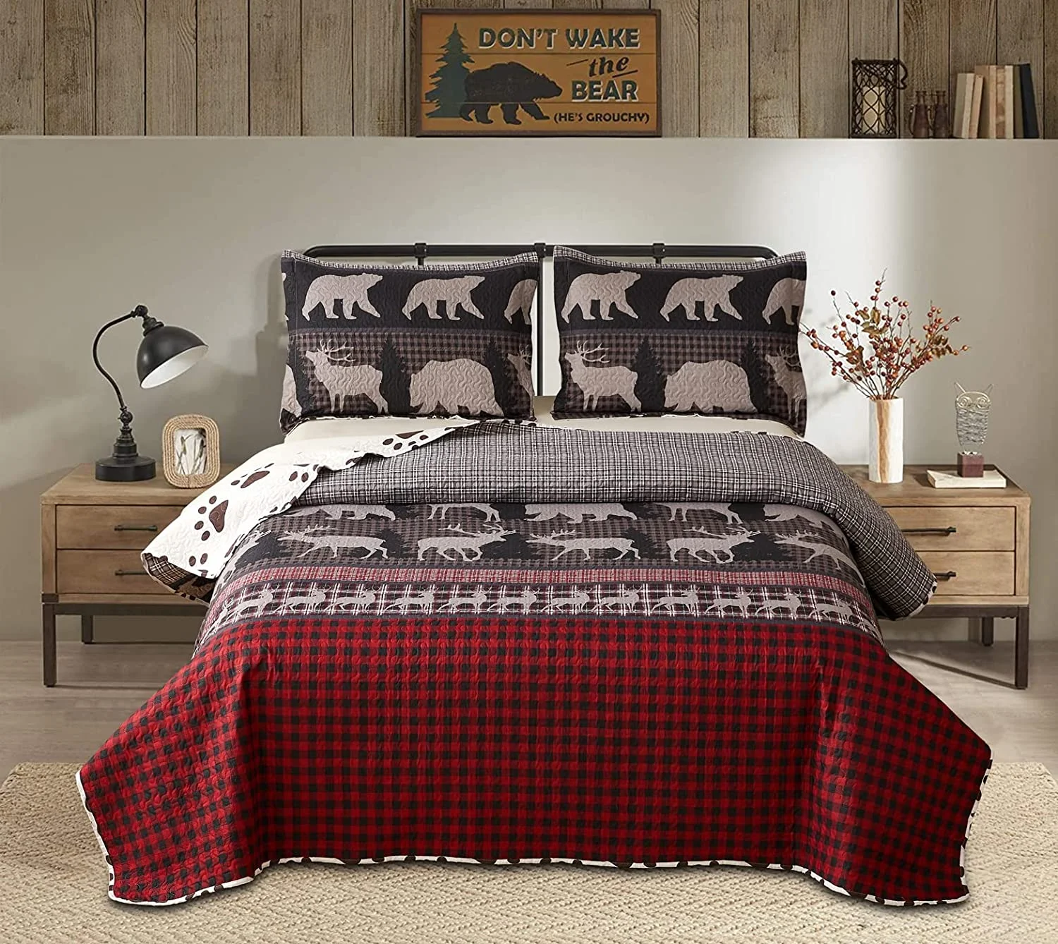 Jessy Home Deer Bear Quilt Queen Rustic Bedspread Red Black Microfiber Coverlet Set