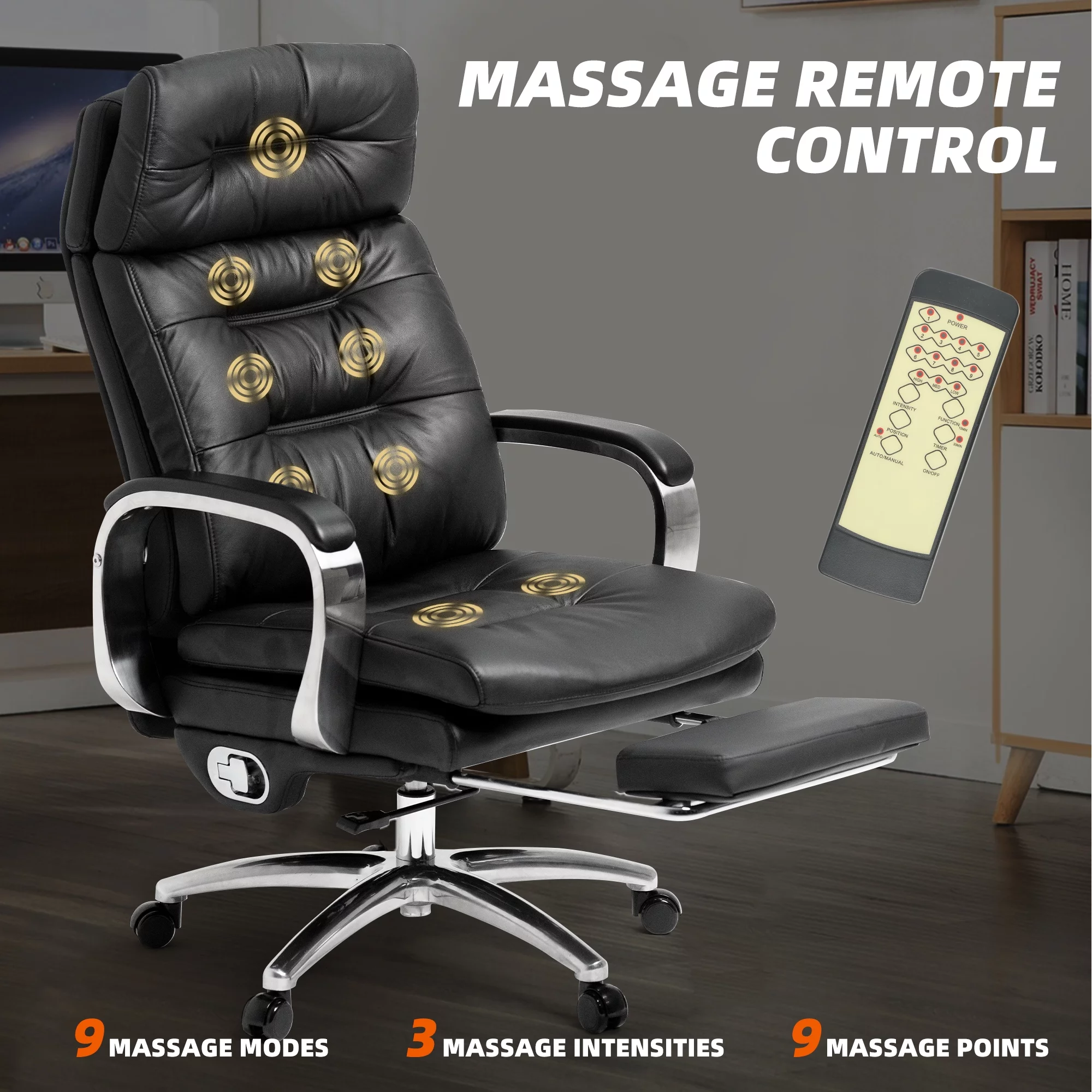 Kinnls Vane Massage Office Chair with Footrest Fully Reclining Managerial & Executive Genuine Leather Desk Task Chairs 500lbs