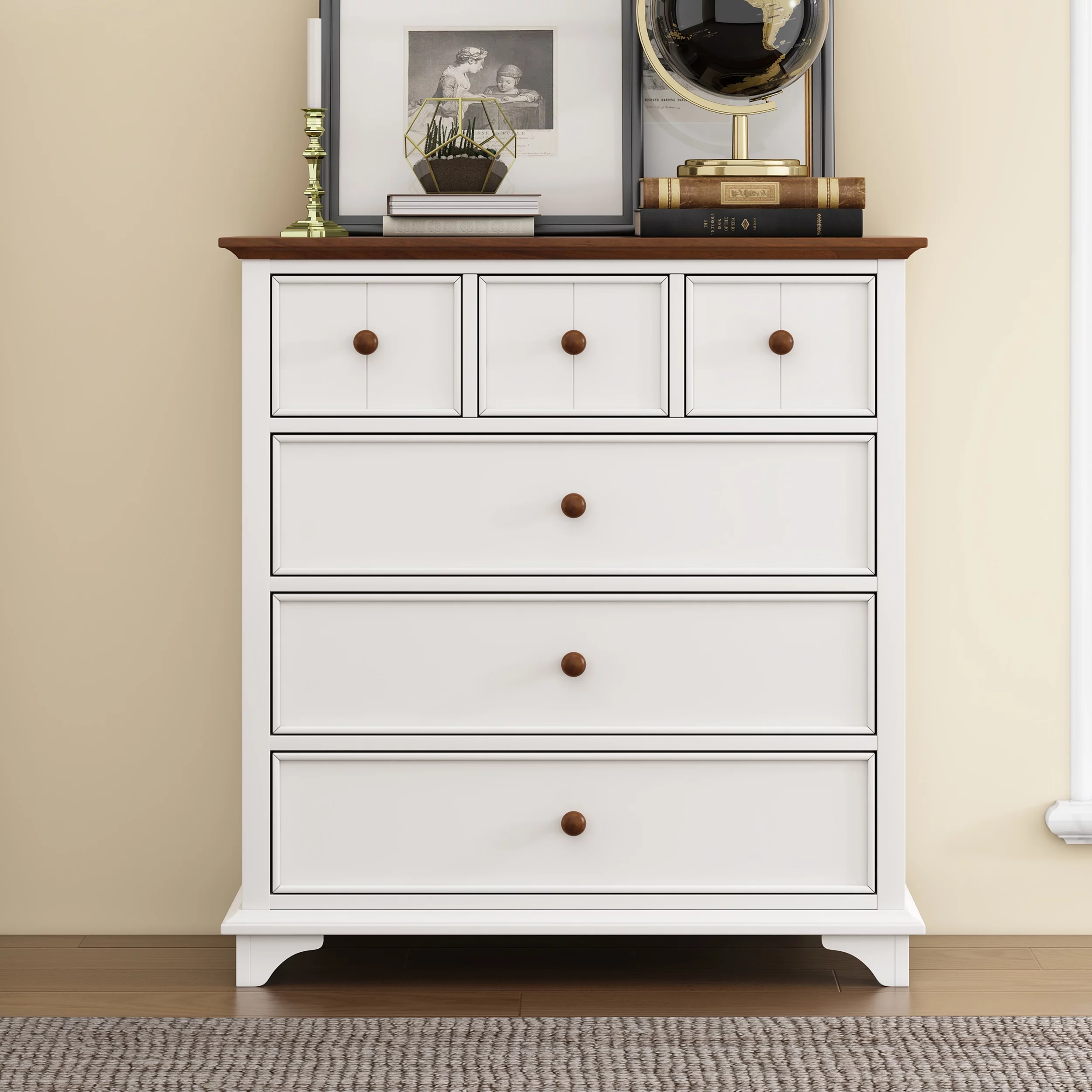 Wooden Captain Six-Drawer Chest for Bedroom, Living Room, Kids' Room, White+Walnut