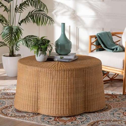bali & pari Palm Scalloped Rattan Coffee Table - Handwoven Wicker Round Accent Table for Living Room Patio or Sunroom, Coastal Boho Style, White