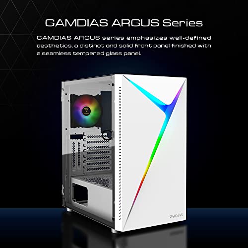 GAMDIAS ATX Mid Tower Gaming Computer PC Case with Tempered Glass Swing Door, 1x 120mm ARGB Fan & Front Panel Sync with Motherboards, Vertical PCIE Slots for Your Graphic Cards (VGA/GPU)