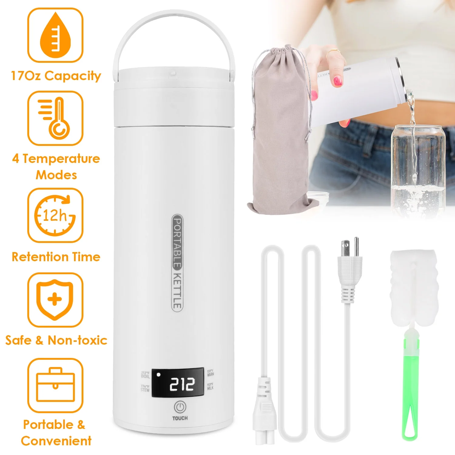 Smart Travel Kettle, 17Oz/500ml, Portable Tea Coffee Kettle, Stainless Steel Water Boiler with 4 Temperature Preset Modes, White