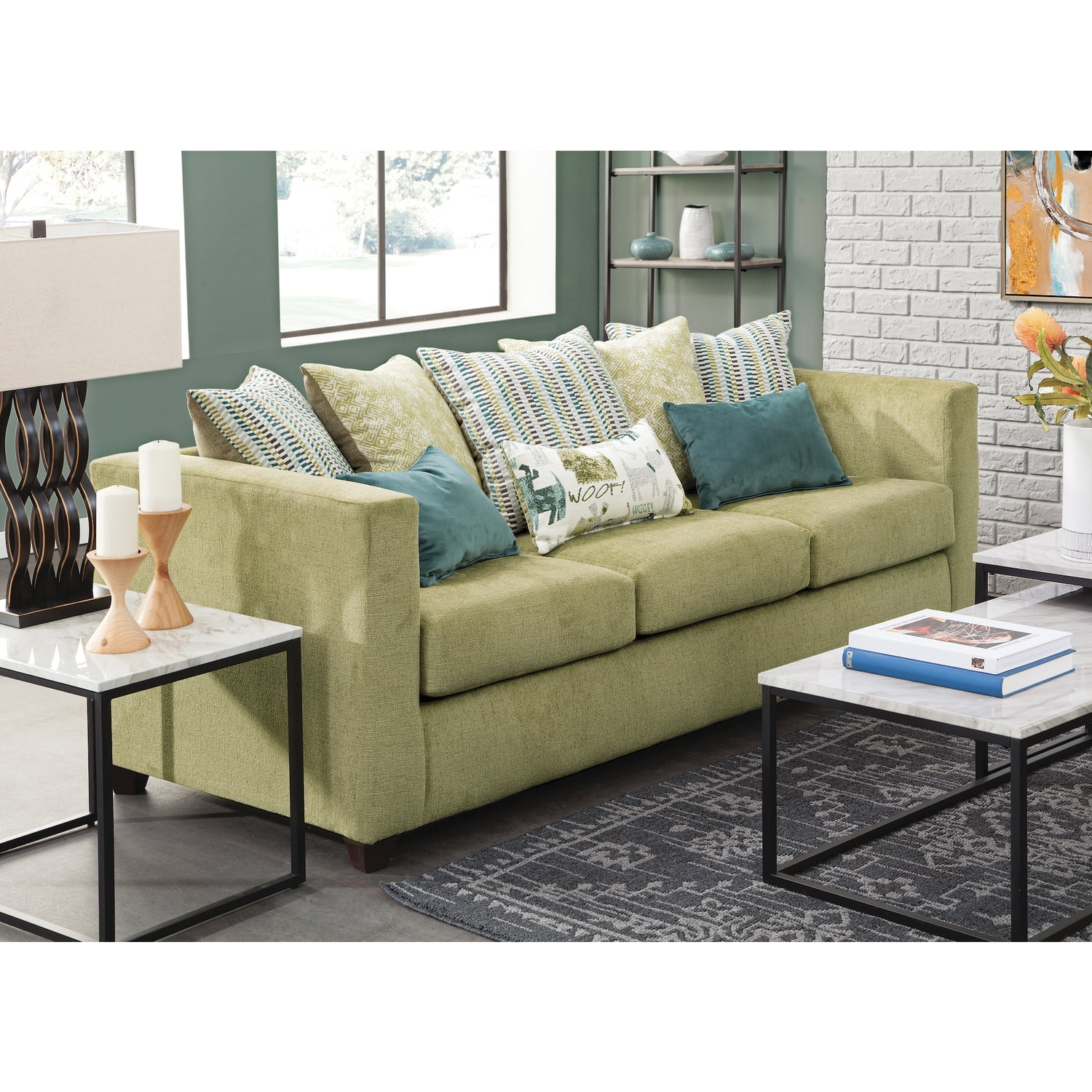 American Furniture Classics Model 8-010-A238V5 Urban Square Arm Green Sofa with Eight Throw Pillows