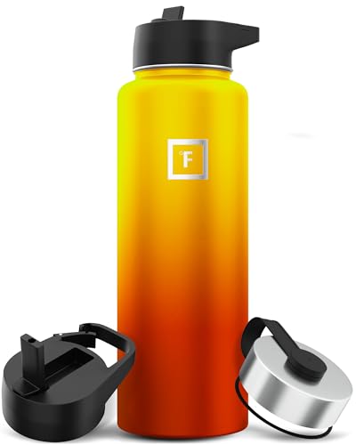 IRON °FLASK Camping & Hiking Hydration Flask with 3 Lids - Stainless Steel, Double Walled & Vacuum Insulated Water Bottle - Leak Proof & BPA Free (Midnight Black, Straw - 40 oz)